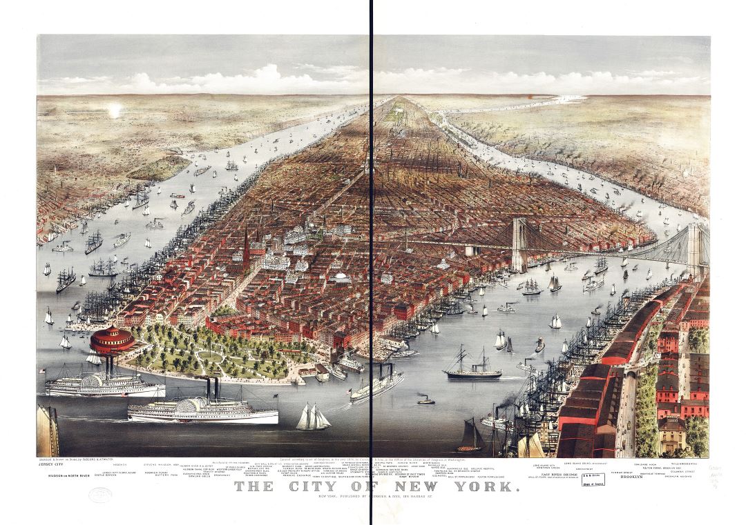 Large detailed old panoramic map of the city of New York - 1876