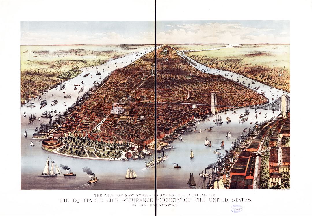 Large detailed old panoramic map of the city of New York - 1883