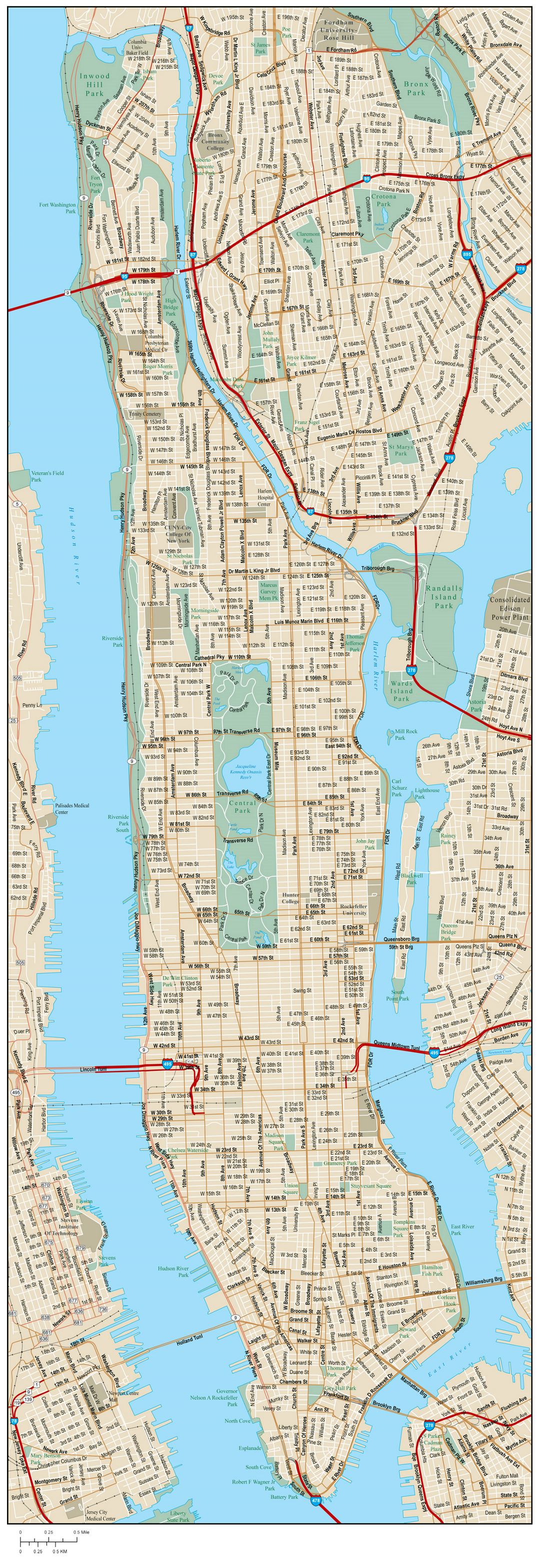 Large road map of Manhattan with street names