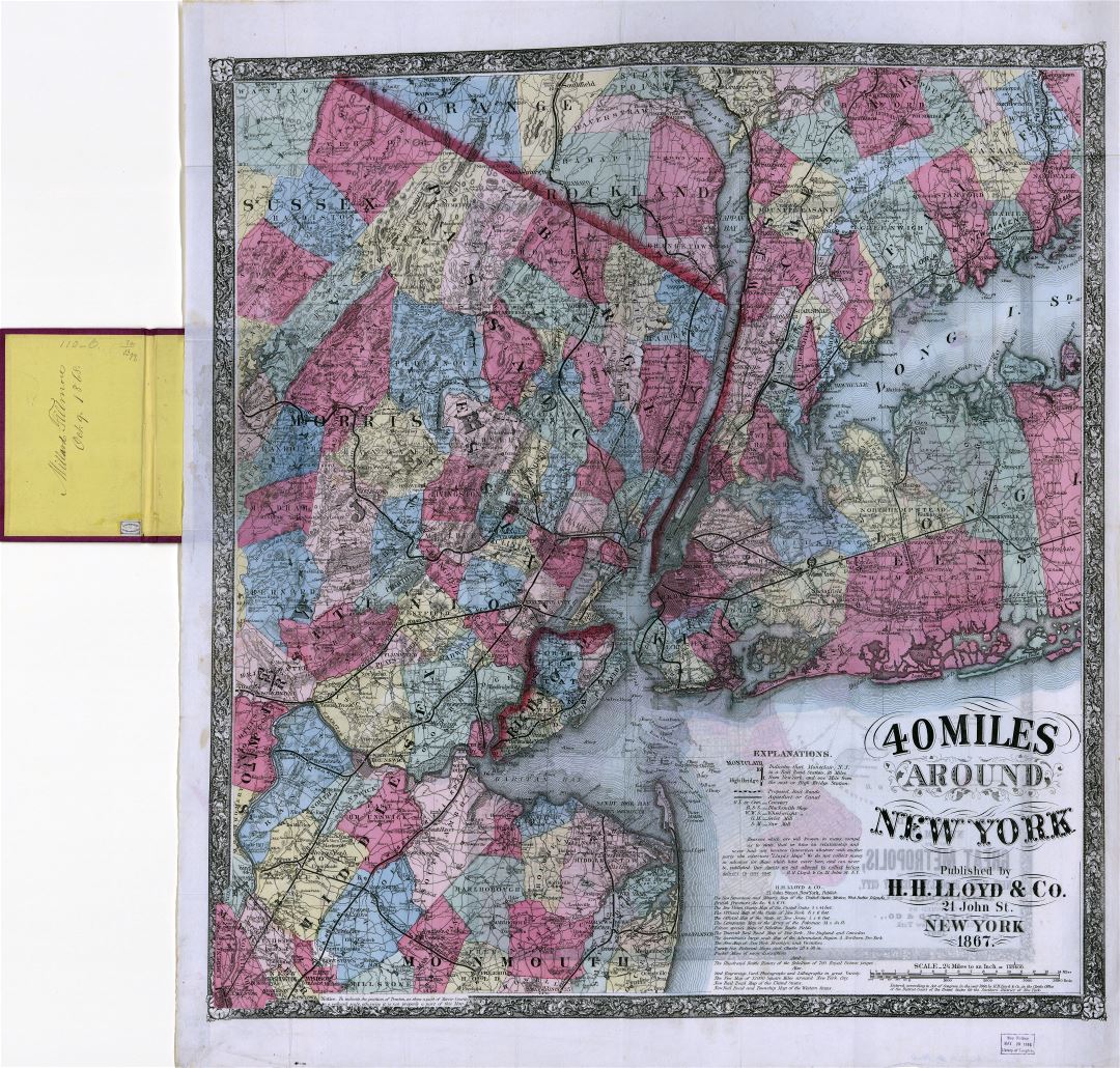 Large scale detailed old map 40 miles around New York - 1867