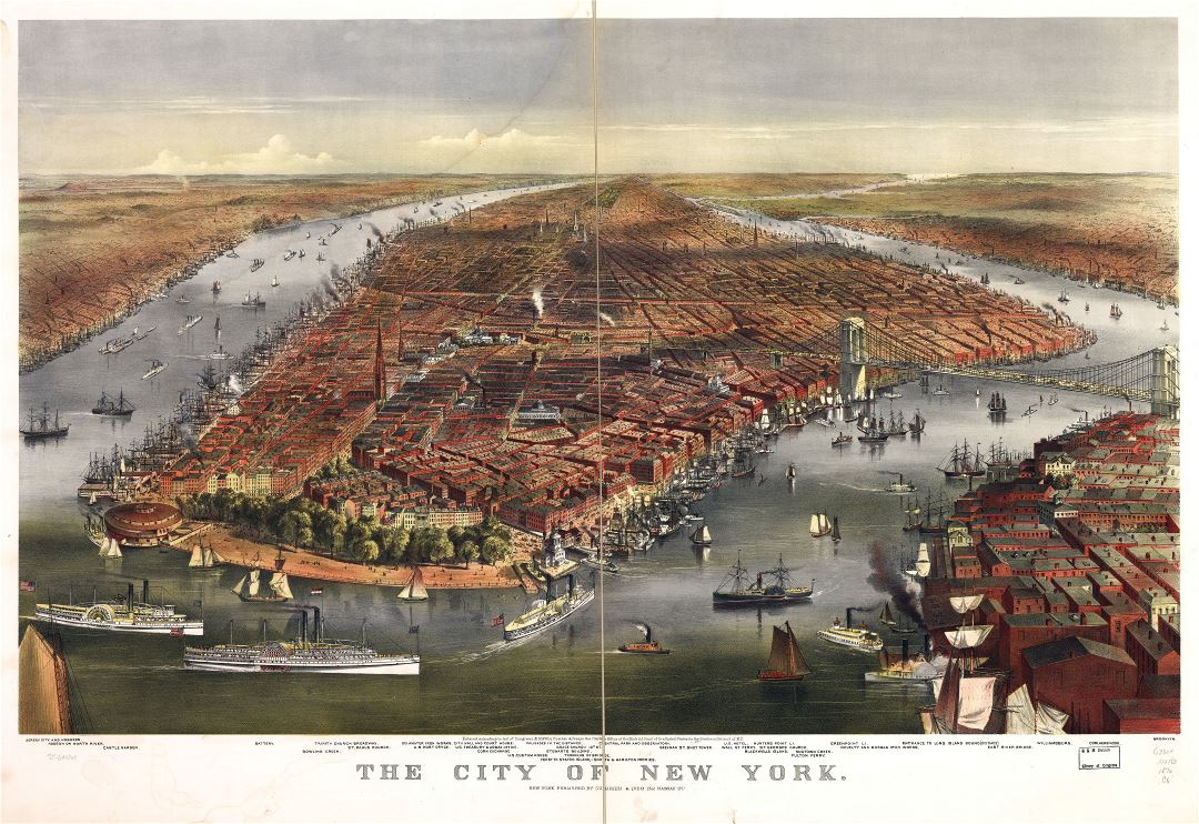 Large scale detailed old panoramic map of the city of New York - 1870