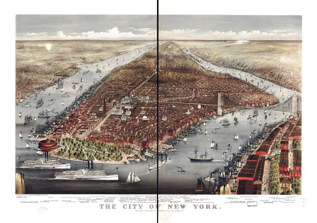 Large scale detailed old panoramic map of the city of New York - 1876