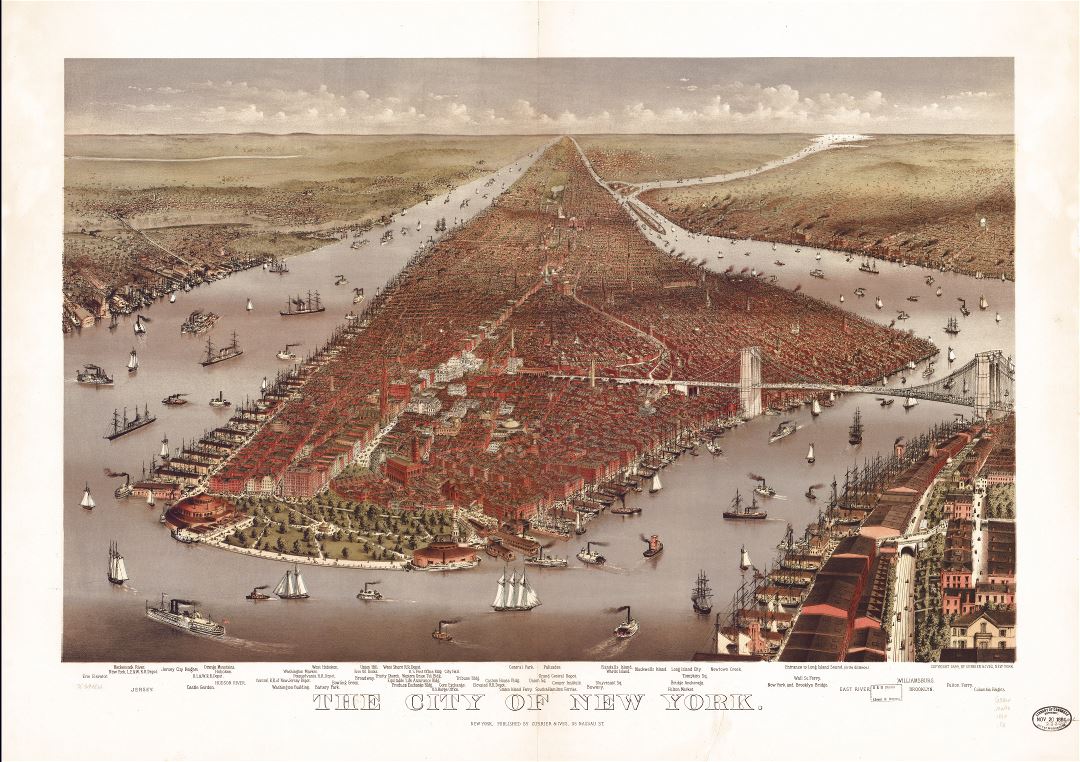 Large scale detailed old panoramic map of the city of New York - 1884