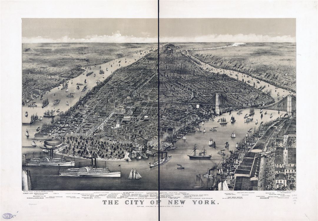 Large scale detailed old panoramic map of the city of New York - 1886