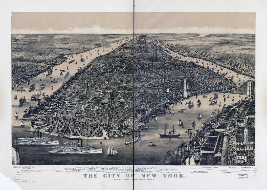 Large scale detailed old panoramic map of the city of New York - 1889