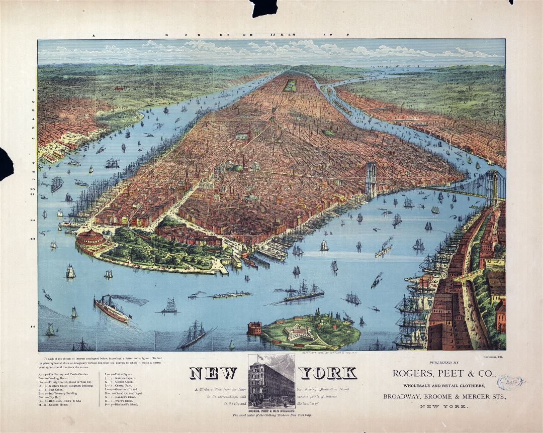 Large scale old panoramic map of New York - 1879