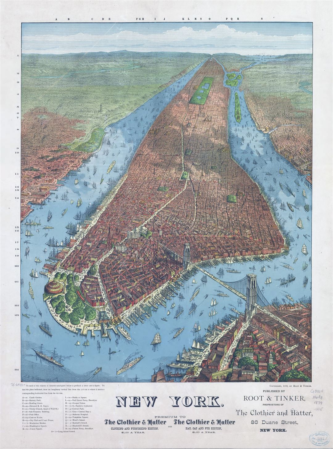 Large scale old panoramic map of New York city - 1879