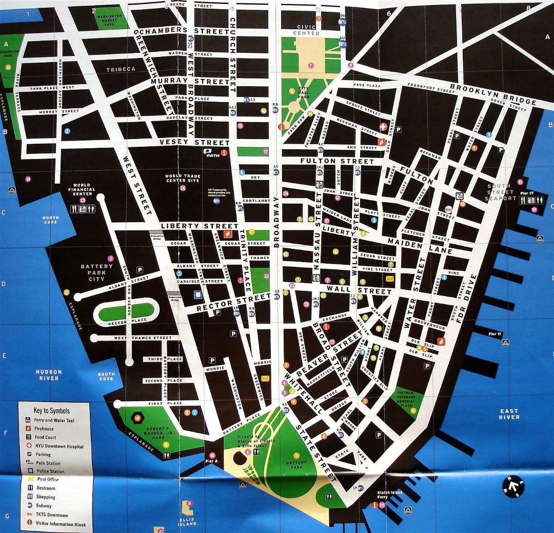 Large tourist map of Lower Manhattan