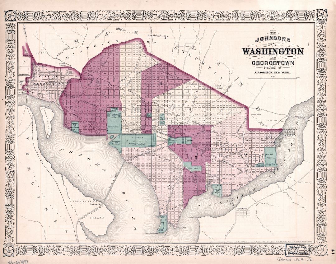 Large detailed old Johnson's Washington and Georgetown map - 1869