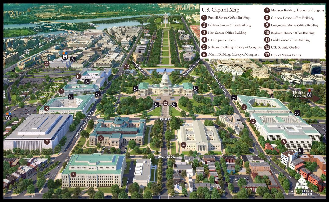 Large detailed panoramic tourist map of US Capitol