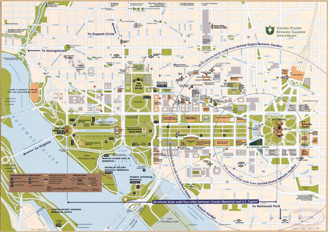 Large detailed street map of central Washington D.C., showing parklands and all government buildings - 2013