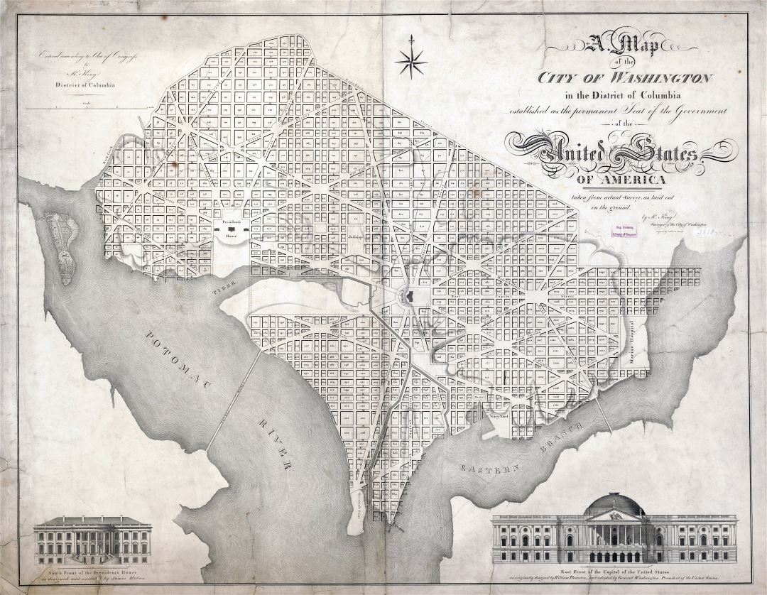 Large scale detailed old map of the city of Washington in the District of Columbia - 1818