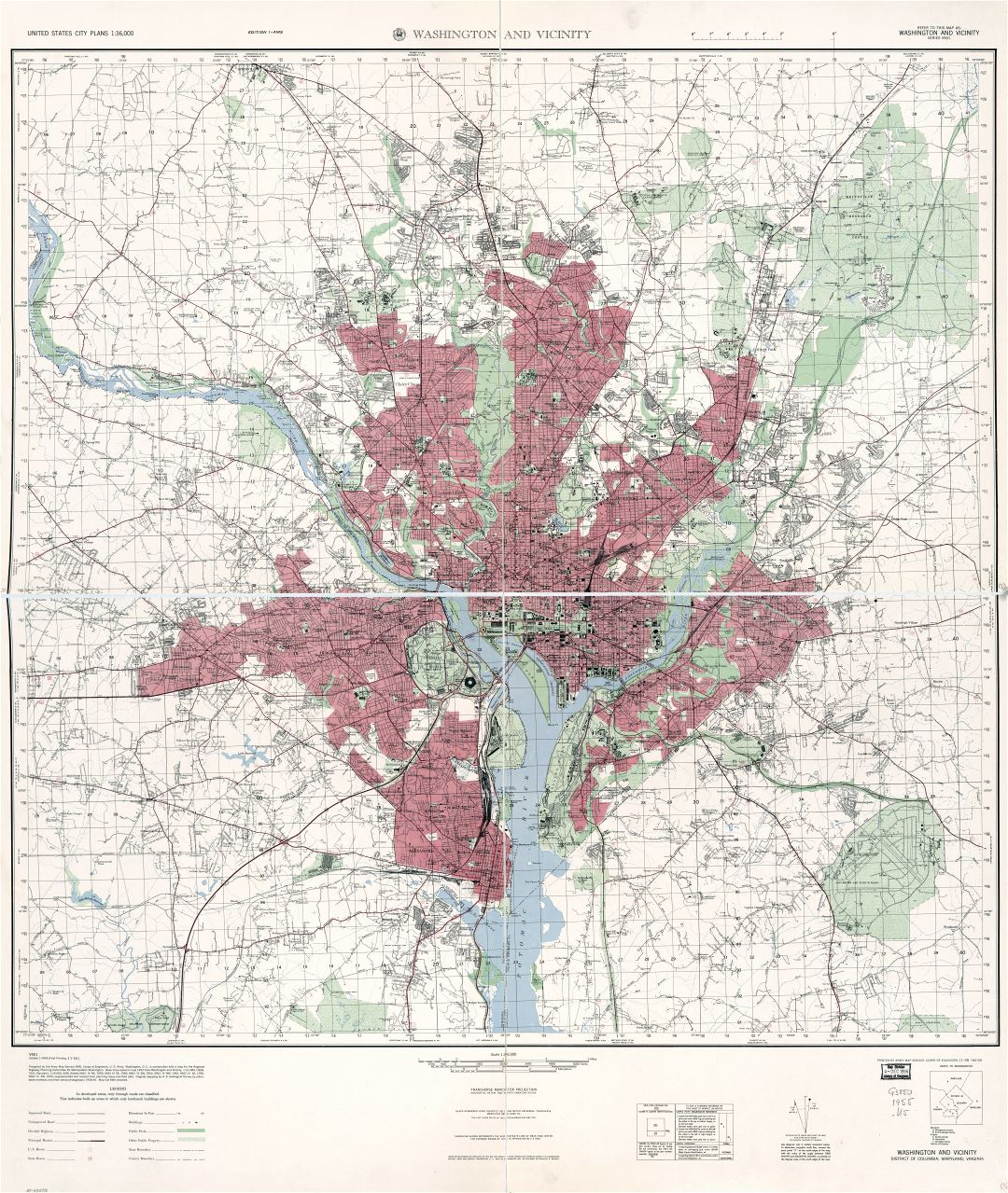 Large scale detailed topographical map of Washington and vicinity - 1955