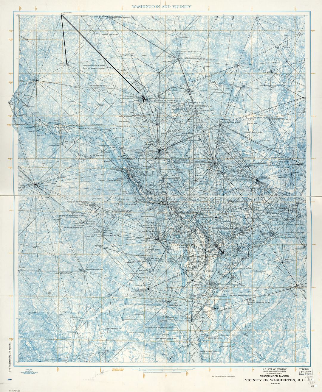 Large scale detailed triangulation diagram map of vicinity of Washington D.C. - 1962