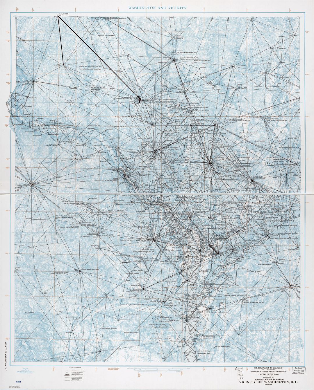 Large scale detailed triangulation diagram map of vicinity of Washington D.C. - 1966