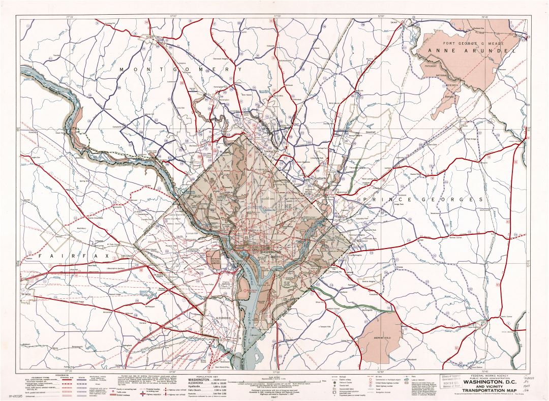 Large scale detailed Washington D.C. and vicinity transportation map - 1947