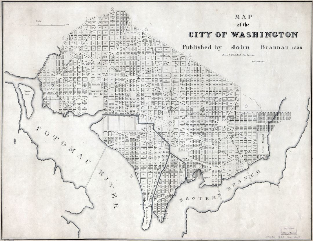 Large scale old map of the city of Washington - 1828