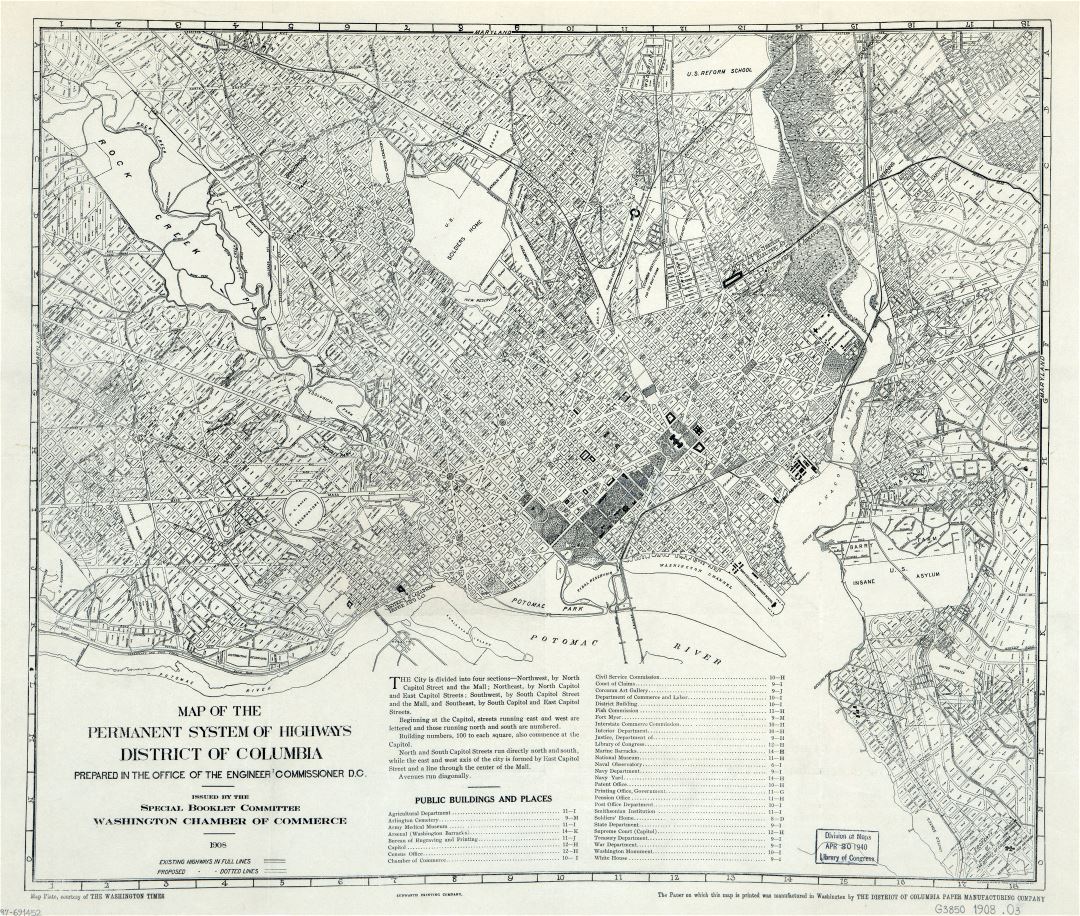 Large scale old map of the permanent system of highways of District of Columbia - 1908