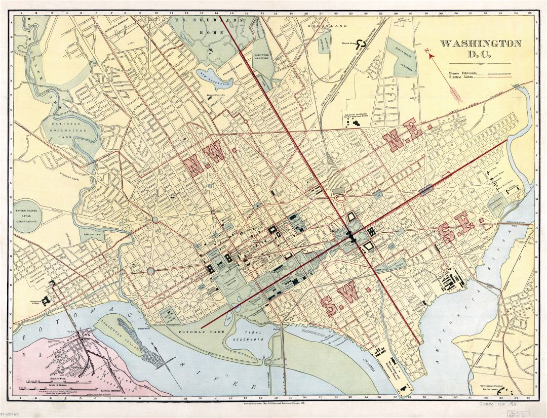 Large scale old map of Washington D.C. with roads - 1910