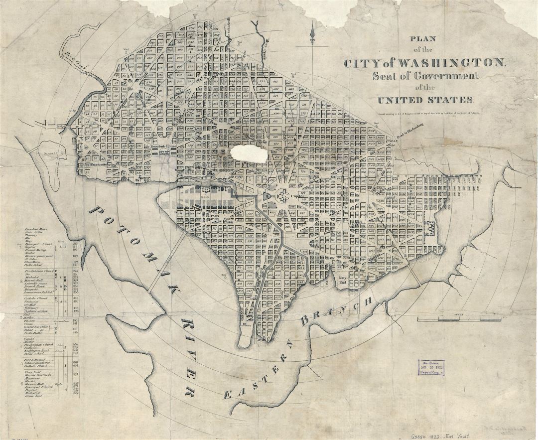 Large scale old plan of the city of Washington - 1822