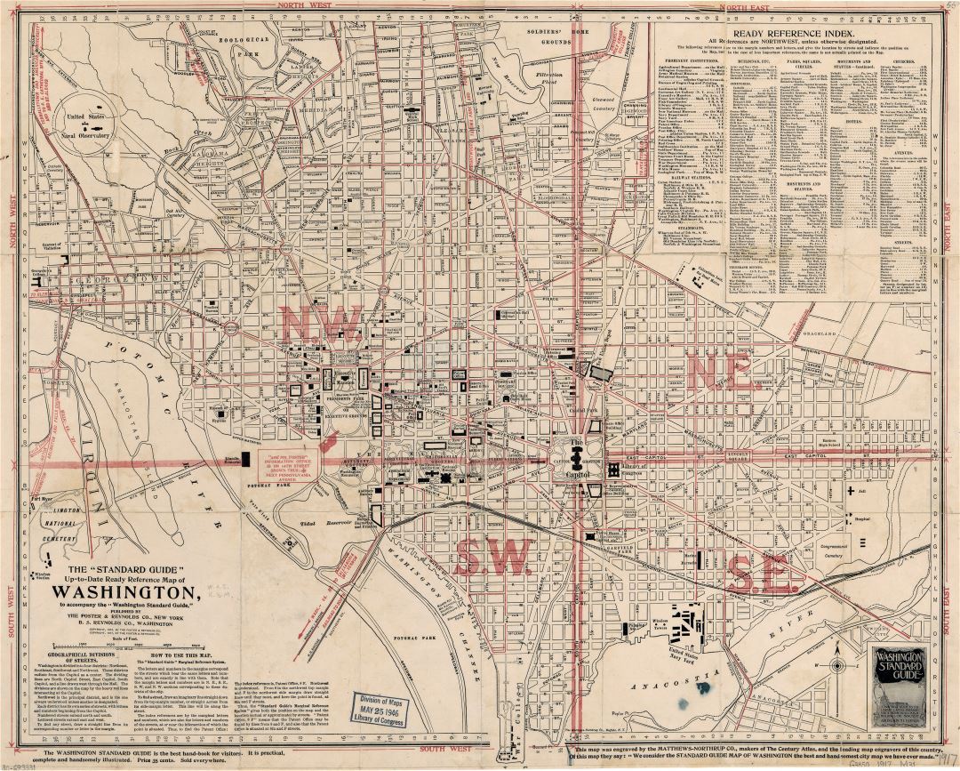 Large scale old Washington D.C. standard guide map - 1917