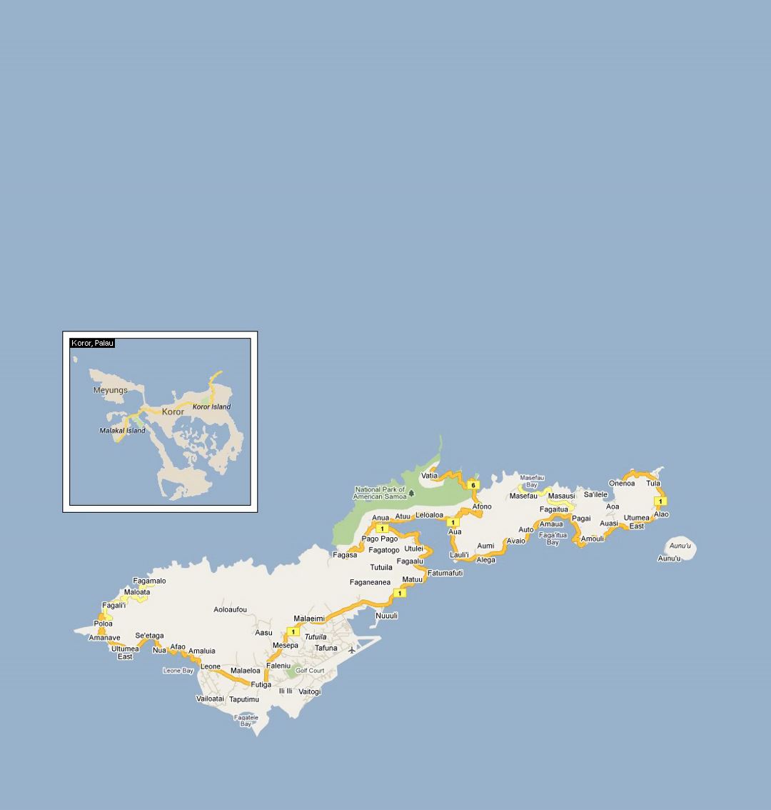 Detailed road map of American Samoa