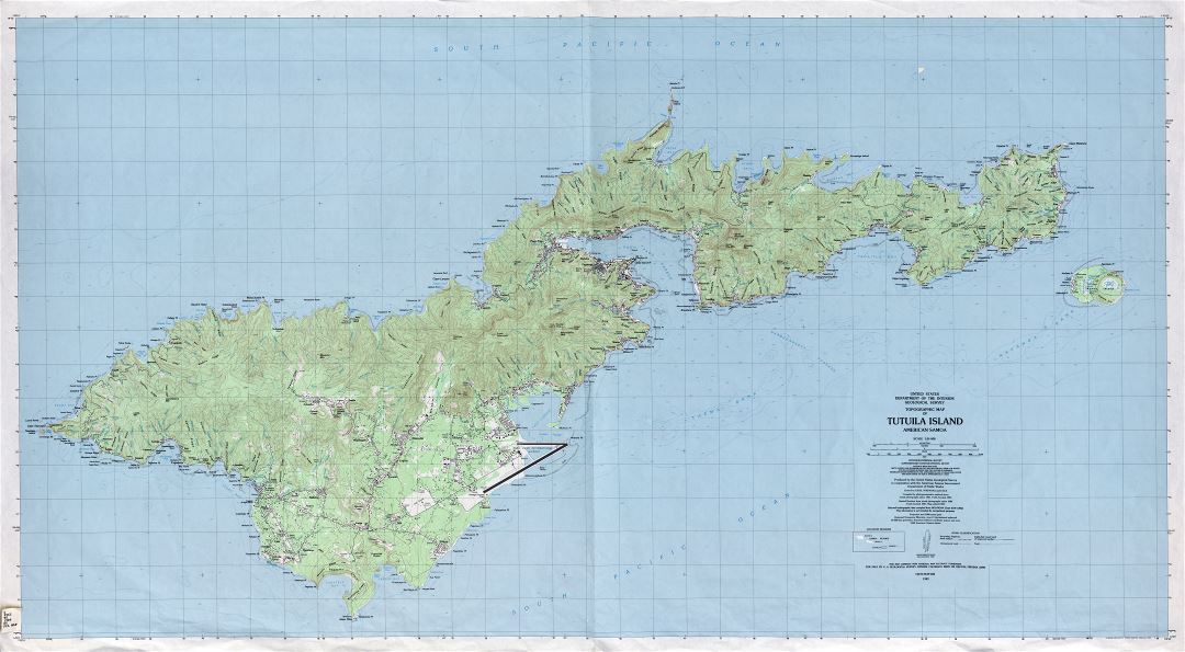 Large detailed topographical map of Tutuila Island, American Samoa