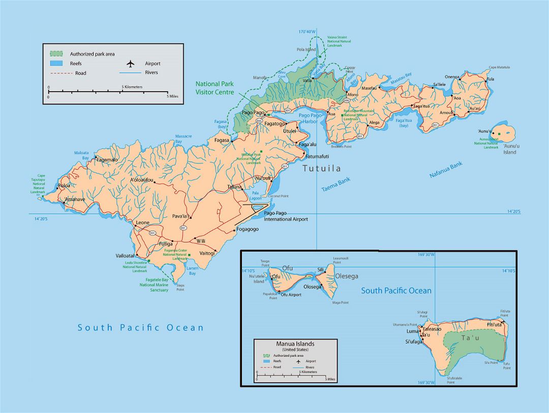 Large map of American Samoa with parks, reefs, rivers, roads, cities, villages and airports