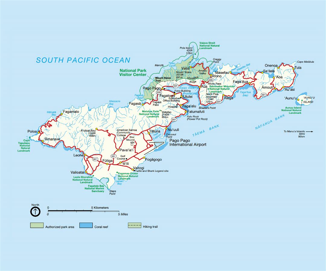 Large national parks map of Tutuila Island, American Samoa with rivers, roads and cities