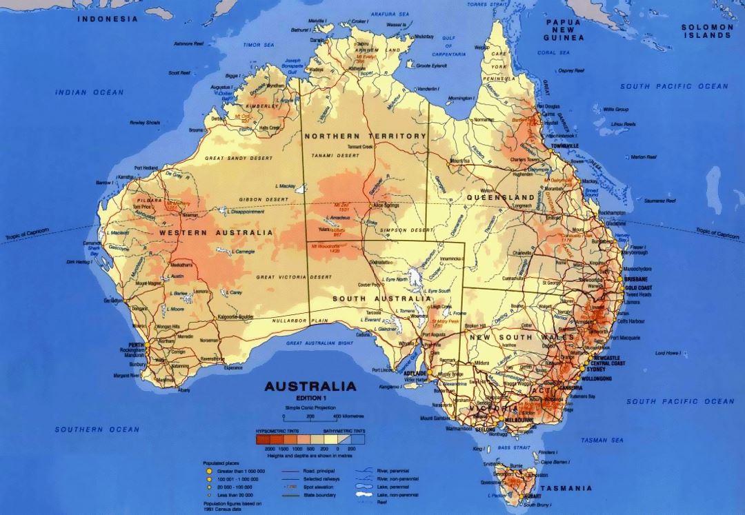 Detailed physical map of Australia with other marks