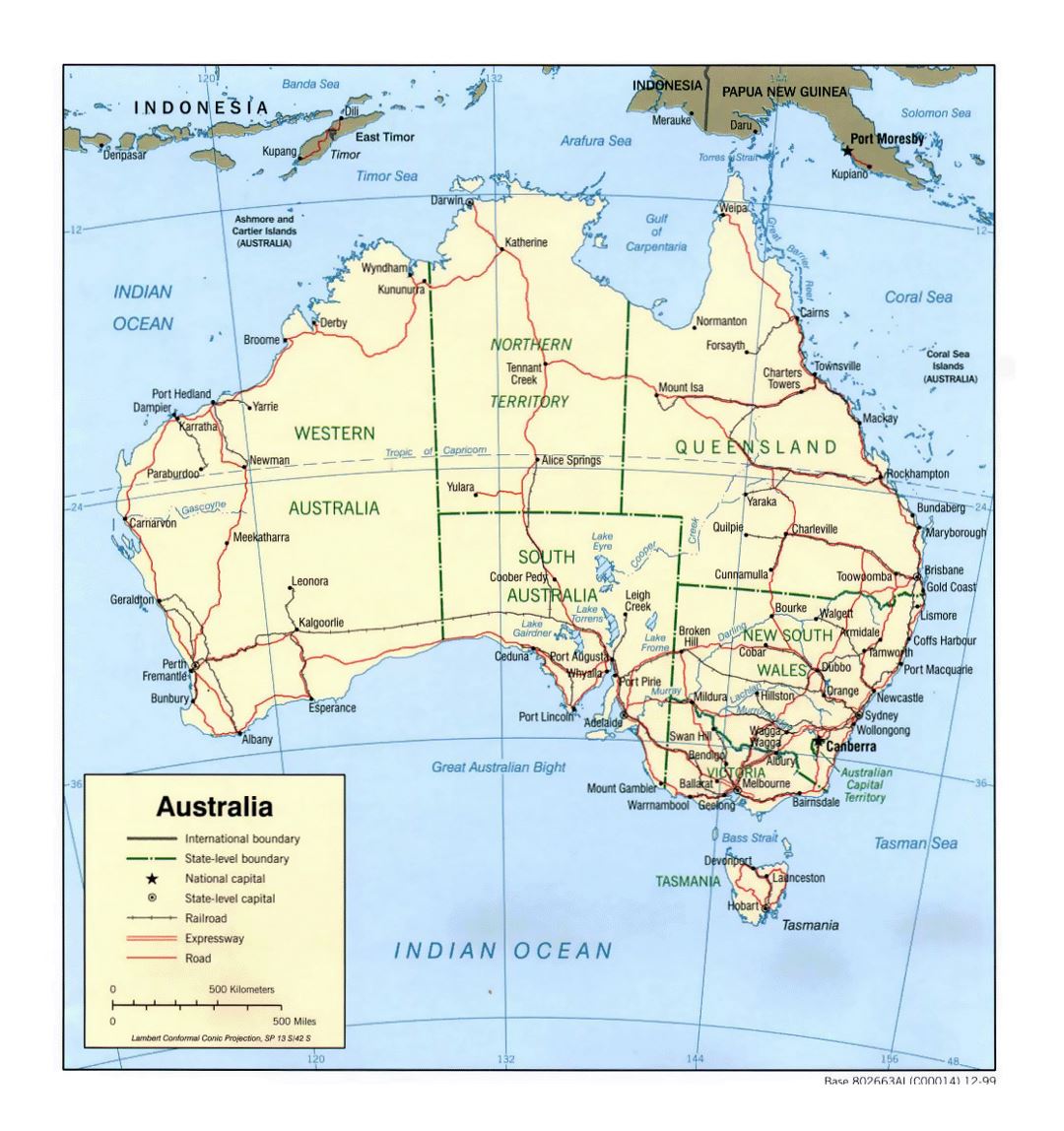 Detailed political and administrative map of Australia with roads, railroads and cities - 1999