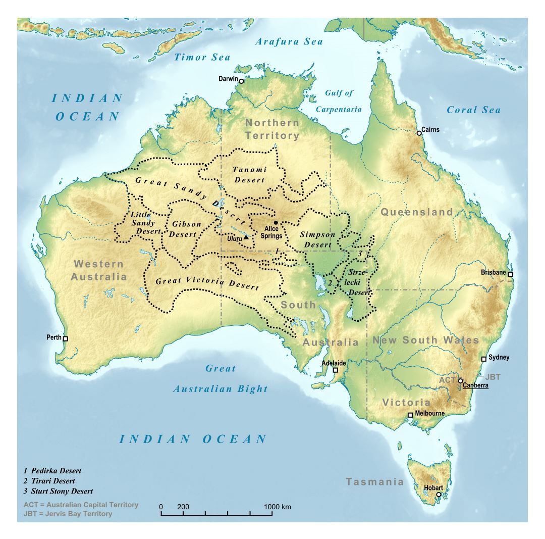 Large detailed deserts map of Australia with relief and cities