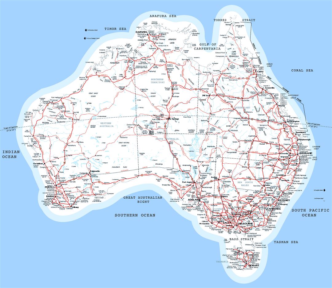 Large detailed map of Australia with roads, railroads and cities