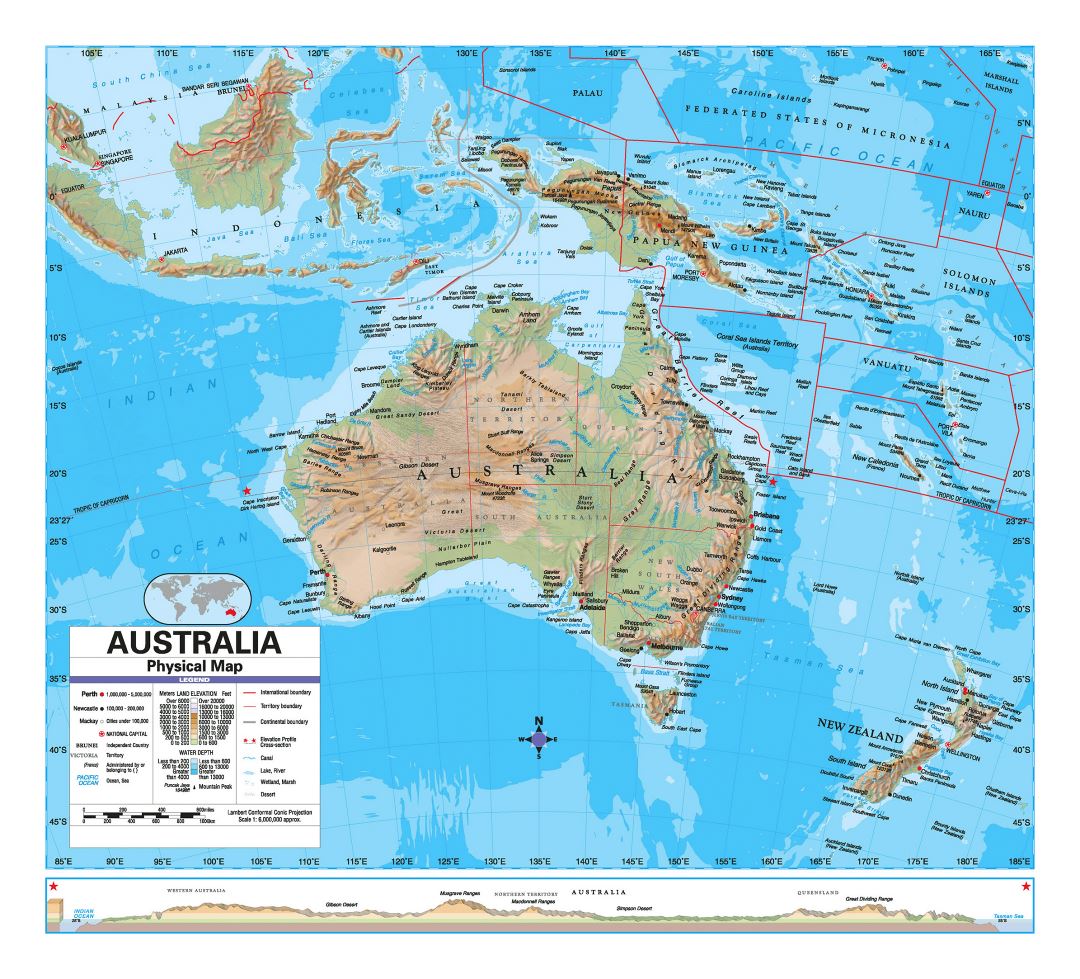 Large detailed physical map of Australia with other marks