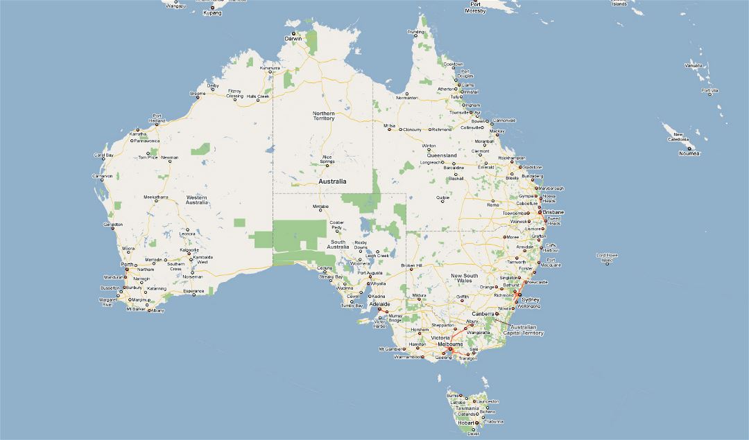 Large map of Australia with roads and cities
