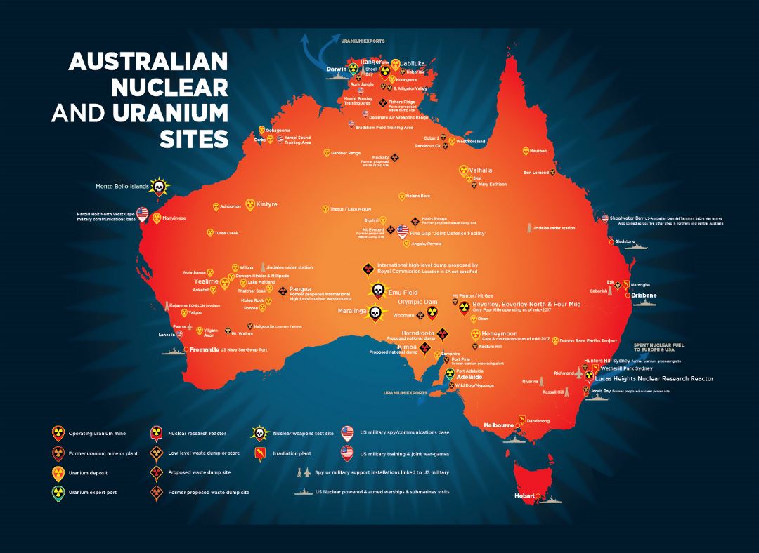Large map of Australian nuclear and uranium sites