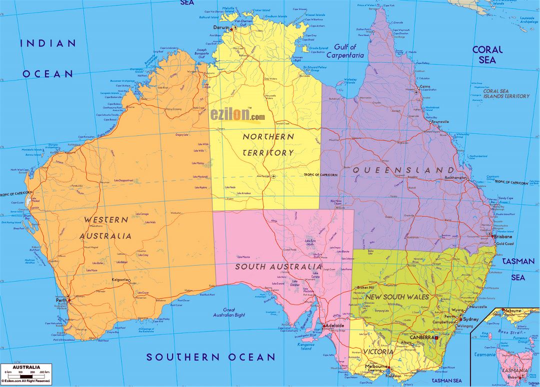 Large political and administrative map of Australia with roads, cities and airports