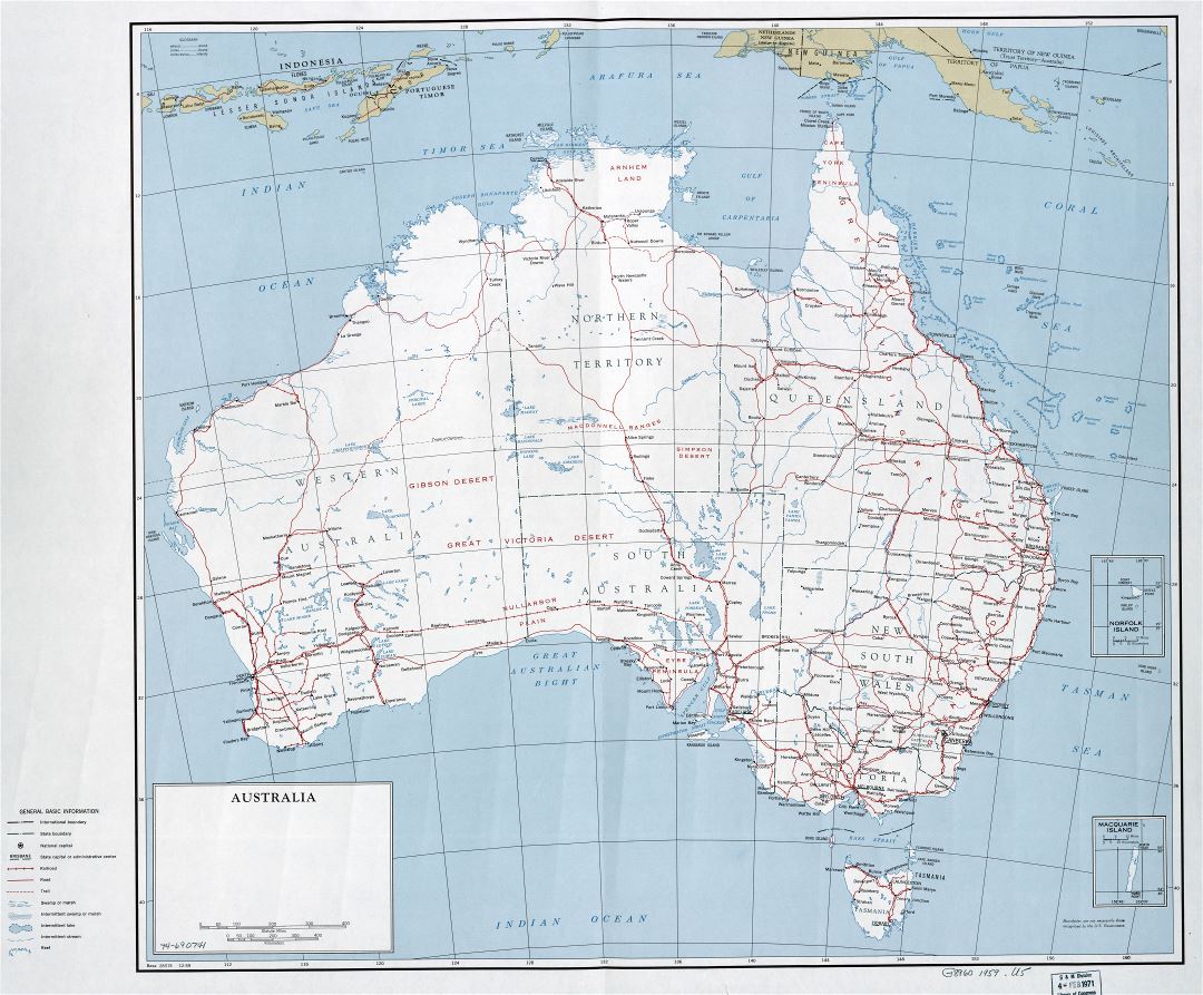 Large scale detailed political and administrative map of Australia with roads, railroads, cities and other marks - 1959