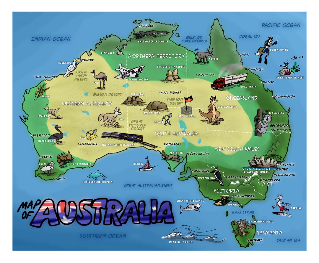 Large travel illustrated map of Australia