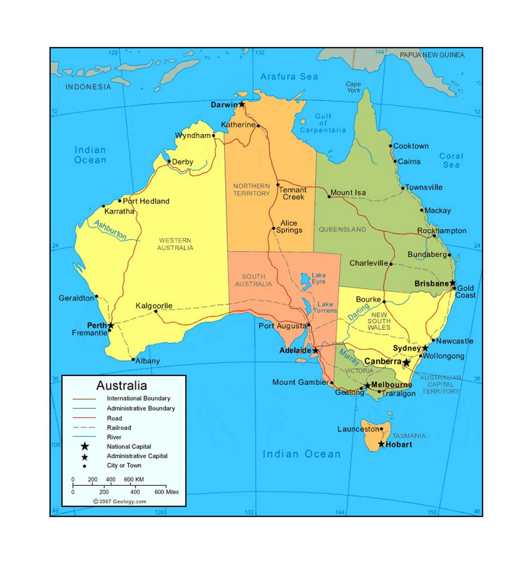 Political and administrative map of Australia with roads, railroads, rivers and major cities