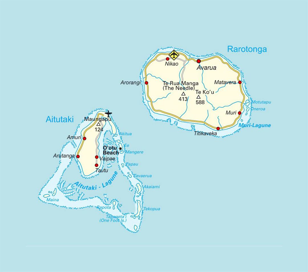 Detailed map of Rarotonga and Aitutaki, Cook Islands with roads, airports and cities