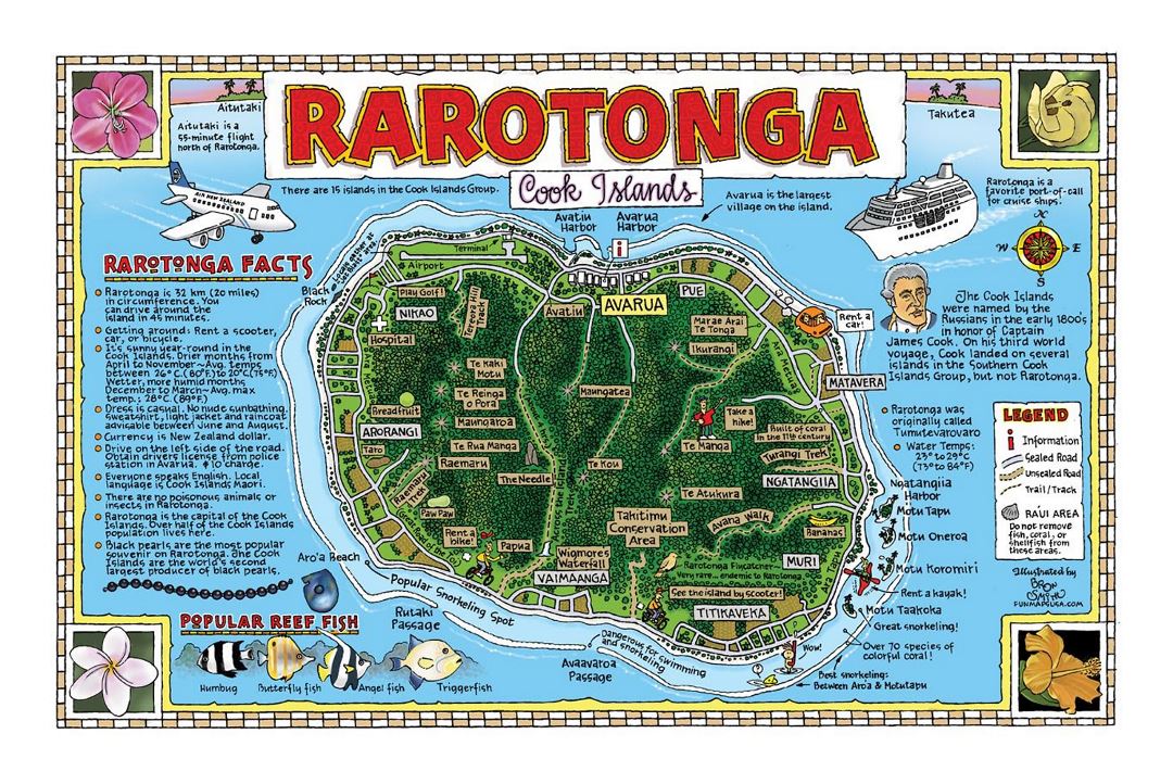 Detailed travel illustrated map of Rarotonga, Cook Islands