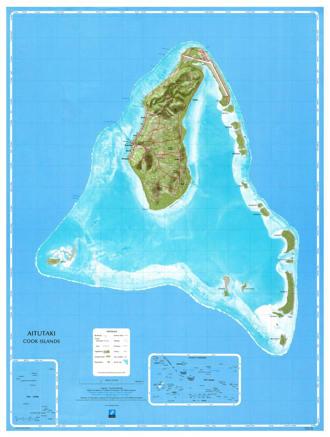 Large scale topographical map of Aitutaki Island, Cook Islands