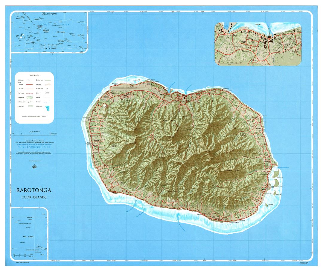 Large scale topographical map of Rarotonga Island, Cook Islands