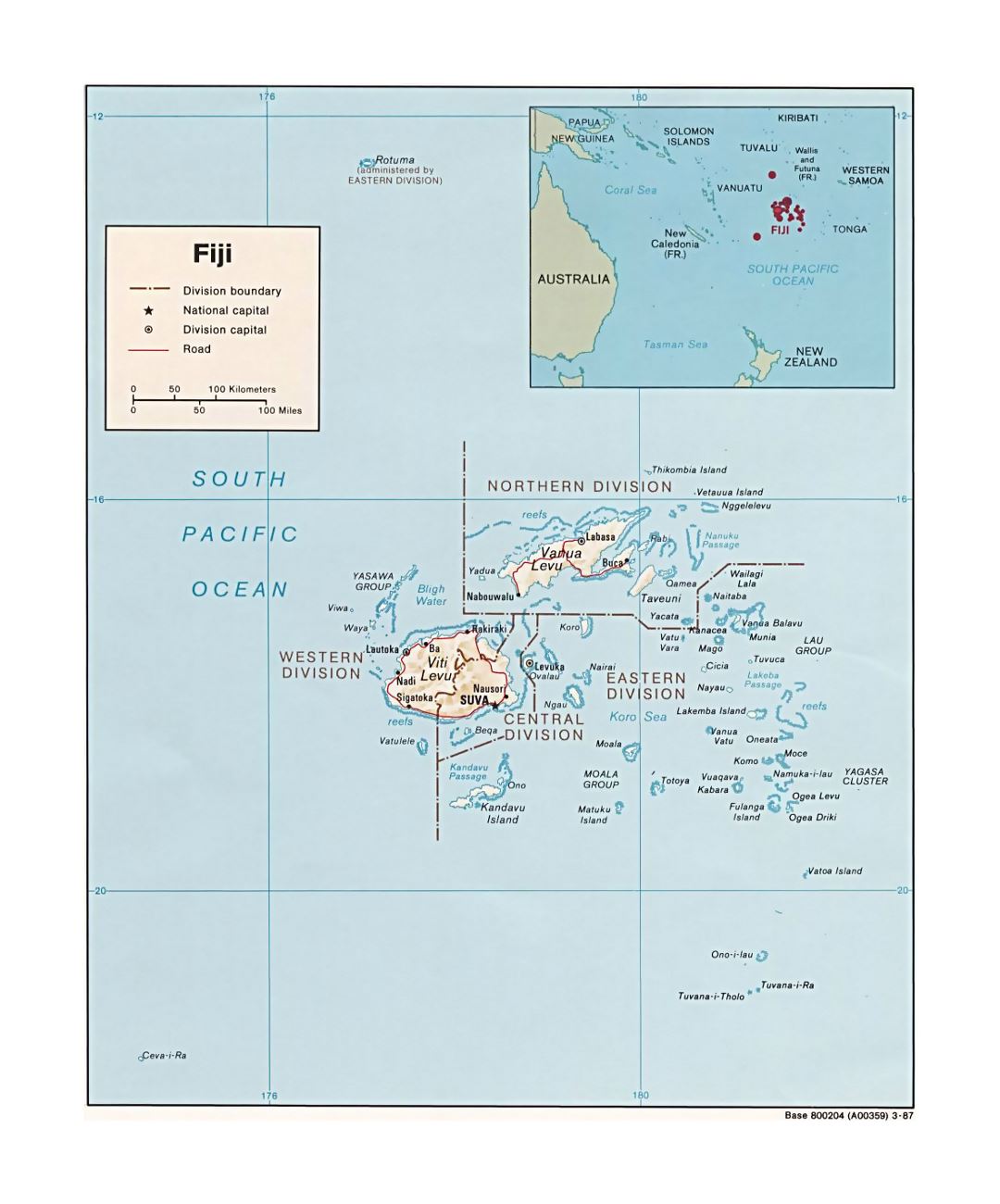Detailed political and administrative map of Fiji with relief, roads and major cities - 1987