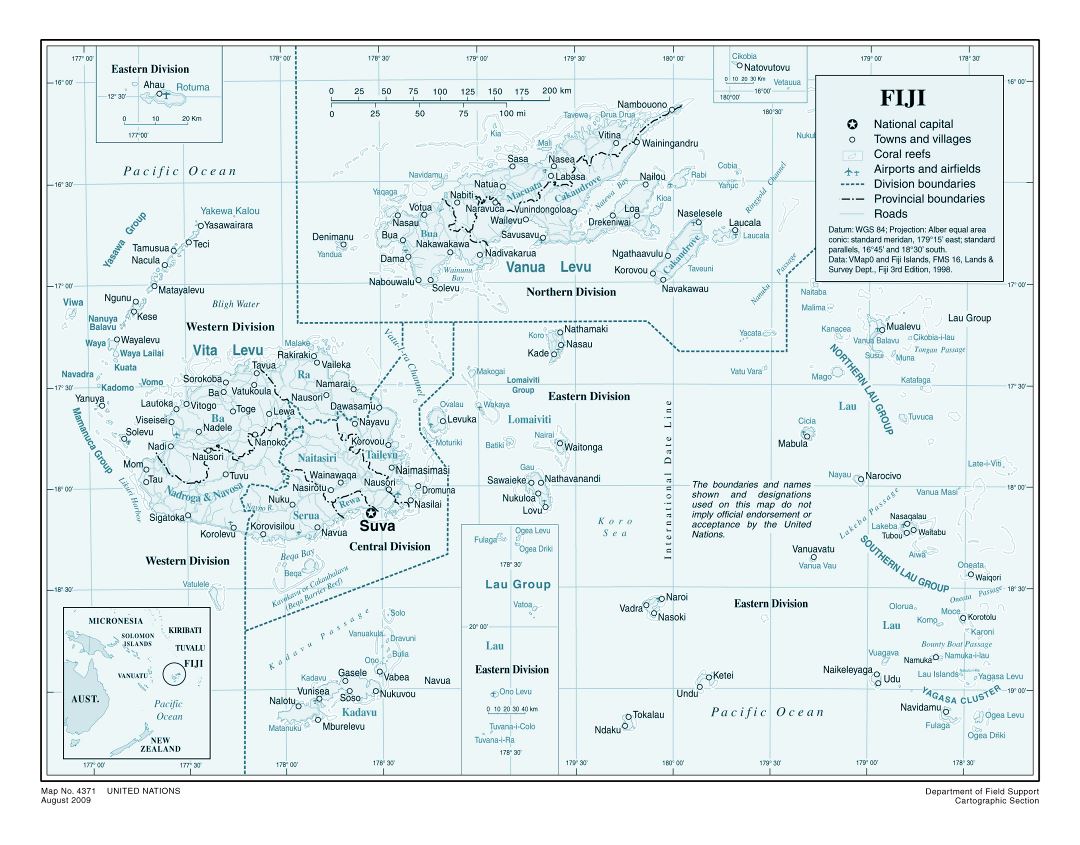 Large detailed political and administrative map of Fiji with other marks
