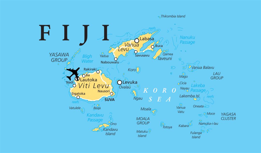 Large map of Fiji with cities