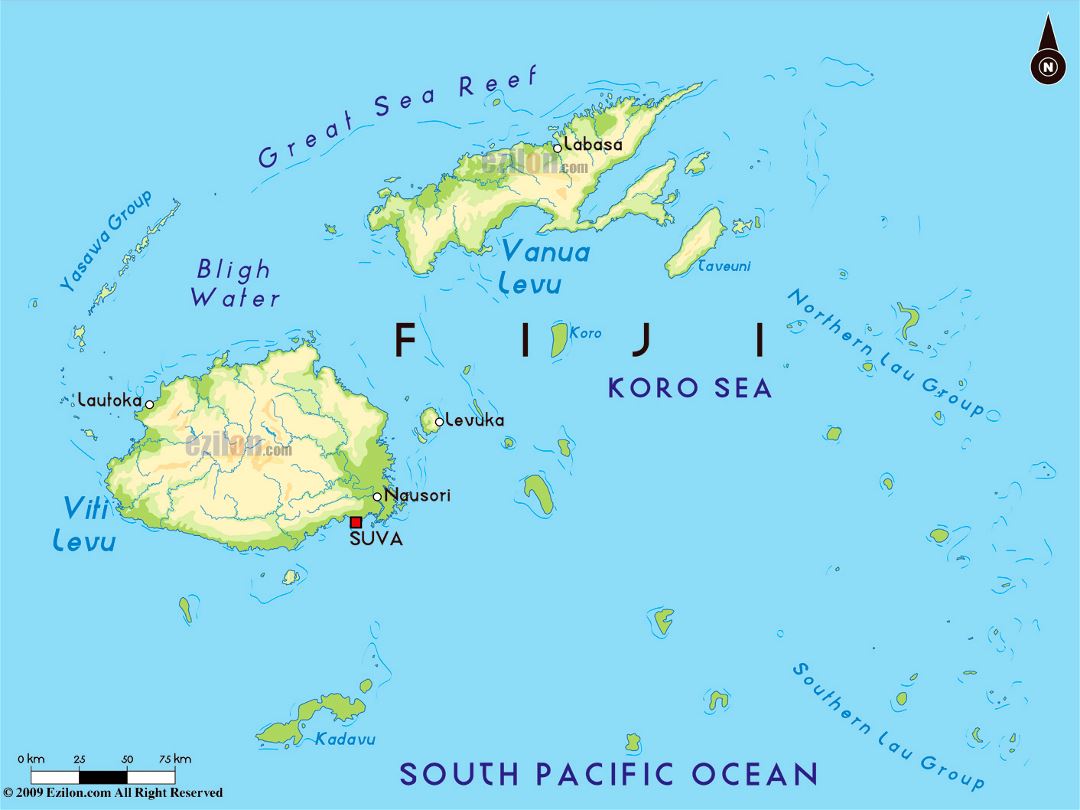 Large physical map of Fiji with major cities