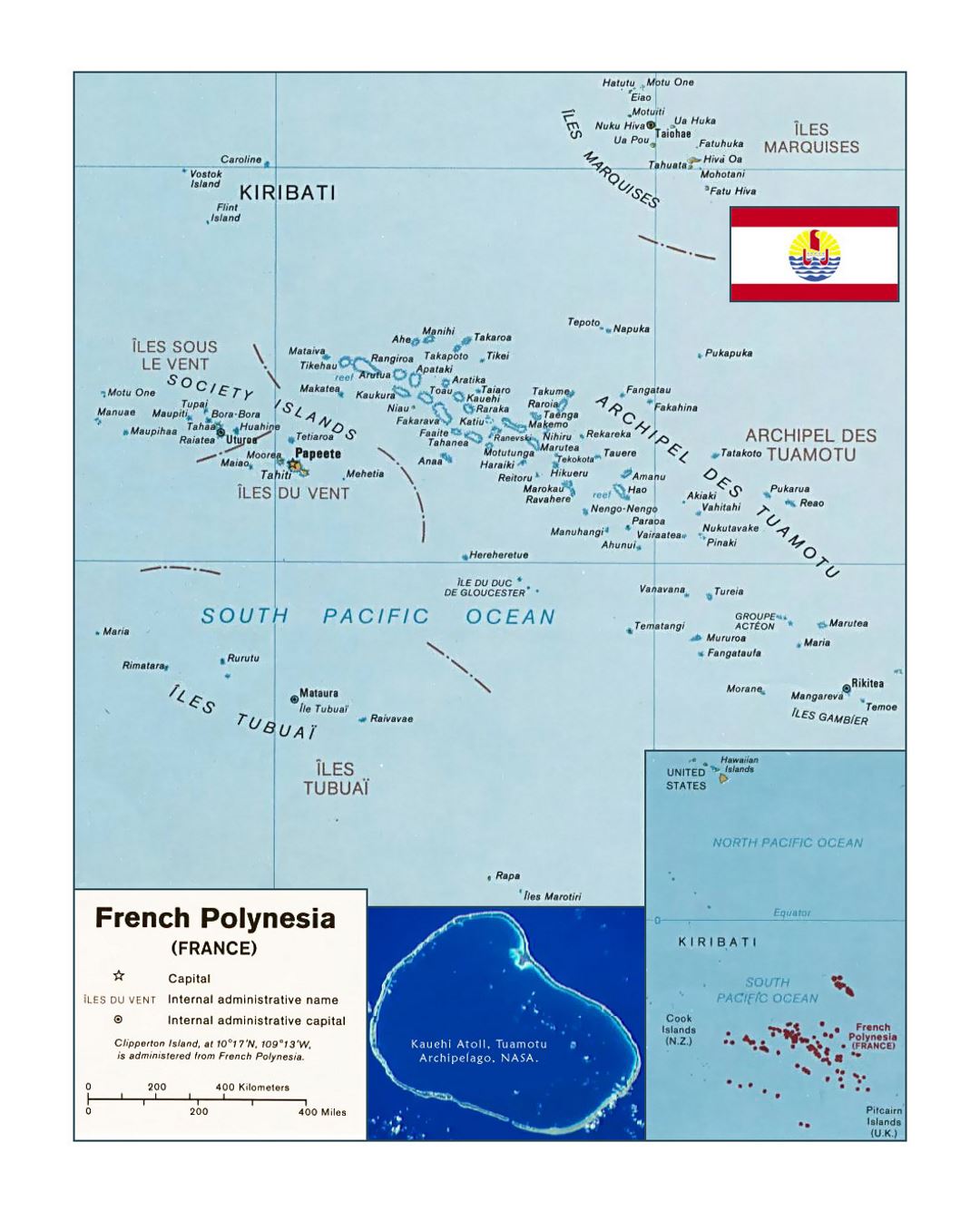 Detailed political map of French Polynesia with flag