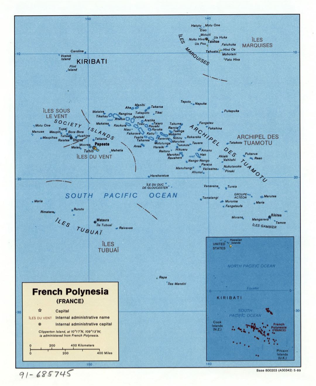 Large detailed political map of French Polynesia with major cities - 1989
